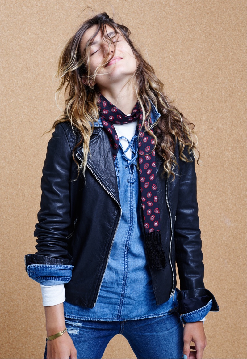 Madewell Washed Leather Motorcycle Jacket and Denim Lace-Up Shirt