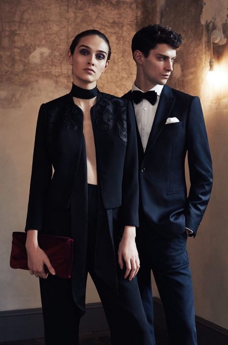 The After-Dark Edit: REISS Focuses on Formal Winter Wear REISS Arie Lace-Panel Jacket in Black and Beau Velvet Clutch in Berry