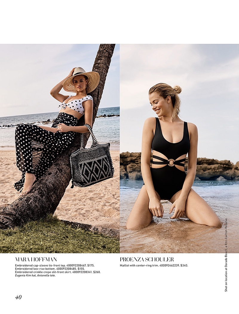 (Left) Mara Hoffman Embroidered Cap-Sleeve Tie-Front Top, Embroidered Low-Rise Bottom and Embroidered Crinkle Crepe Slit-Front Skirt (Right) Proenza Schouler Maillot with Center-Ring Trim