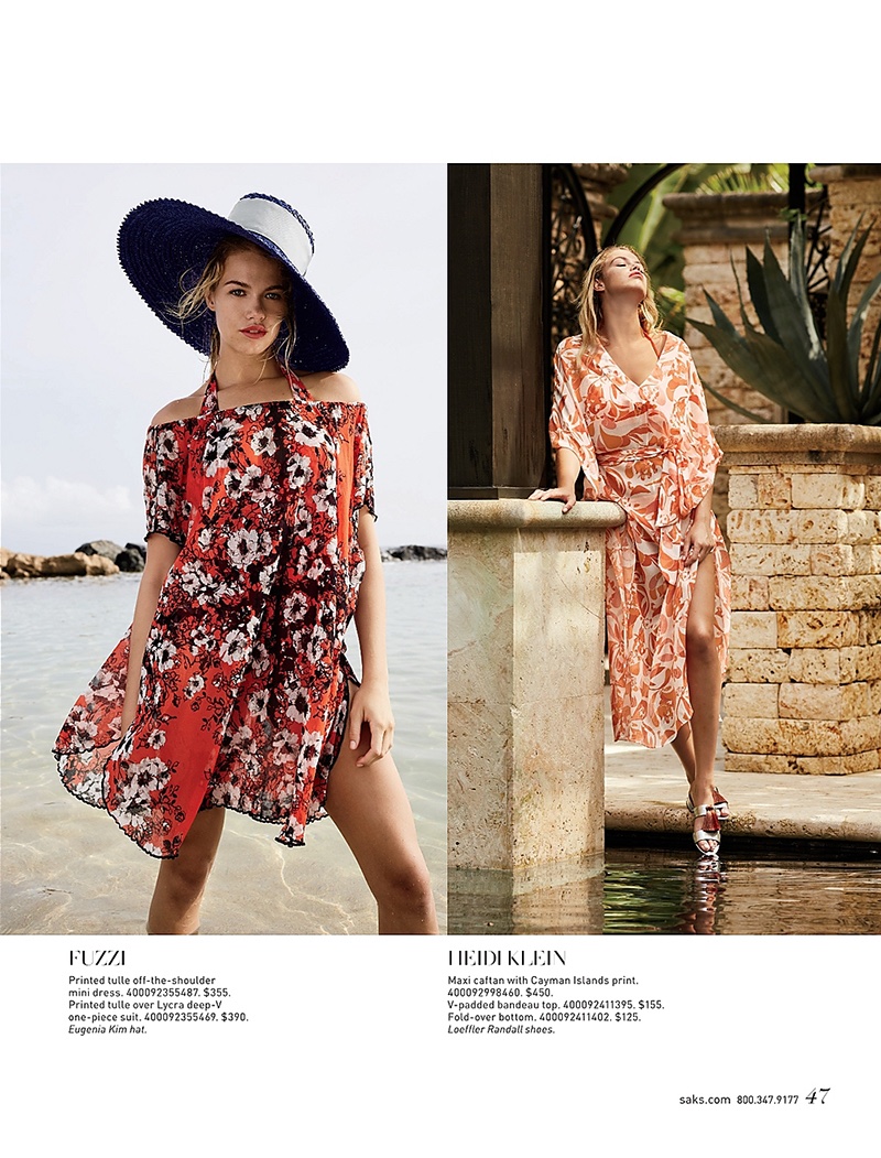 (Left) Fuzzi Printed Tulle Off-the-Shoulder Mini Dress and Printed Tulle Over Lycra Deep-V One-Piece Suit (Right) Heidi Klein Maxi Caftan with Cayman Islands Print and V-Padded Bandeau Top and Fold-Over Bottom