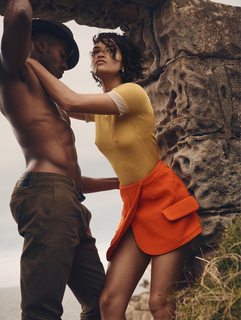 Model Shanina Shaik wears Dior top and skirt