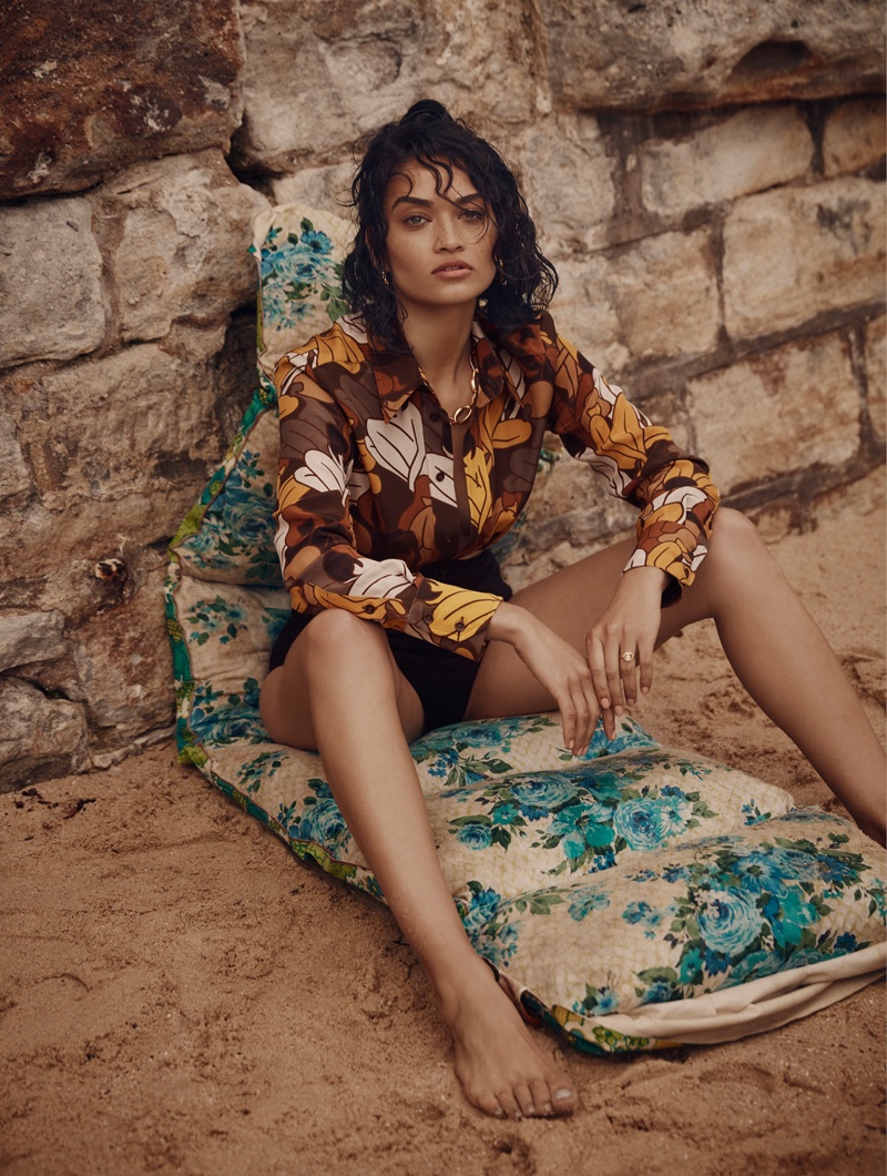 Embracing prints, Shanina Shaik models Bally shirt and Lisa Marie Fernandez bikini briefs