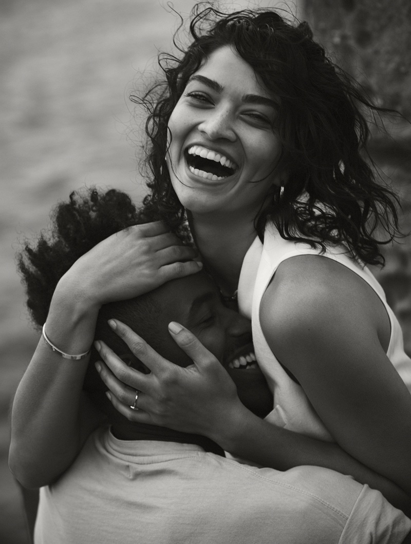 Photographed in black and white, Shanina Shaik models Polo Ralph Lauren vest