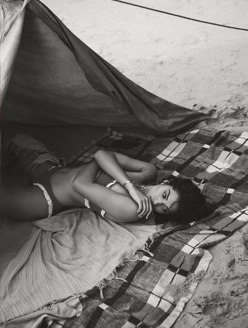 Captured on the beach, Shanina Shaik models Pandora Sykes x Hunza G bikini