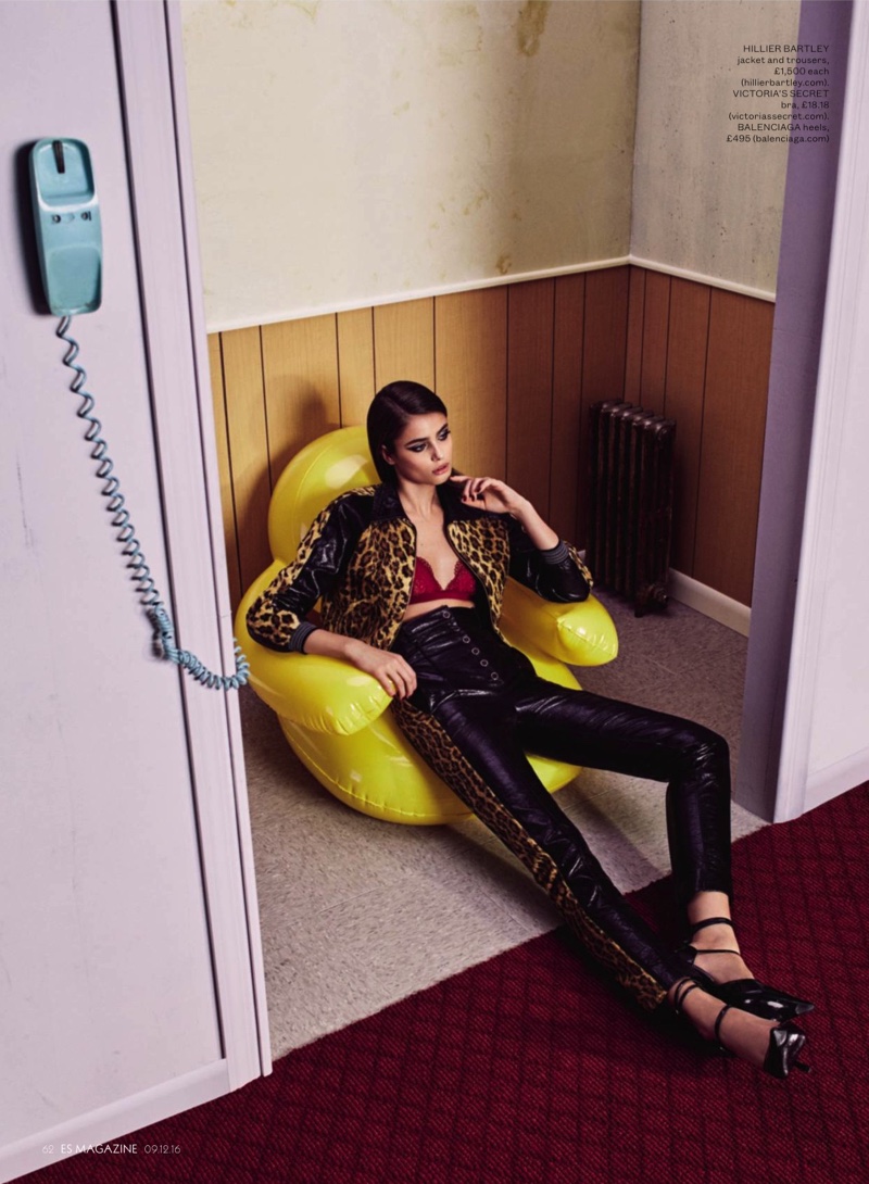 Model Taylor wears Hillier Bartley leopard print jacket and trousers with Victoria’s Secret bra