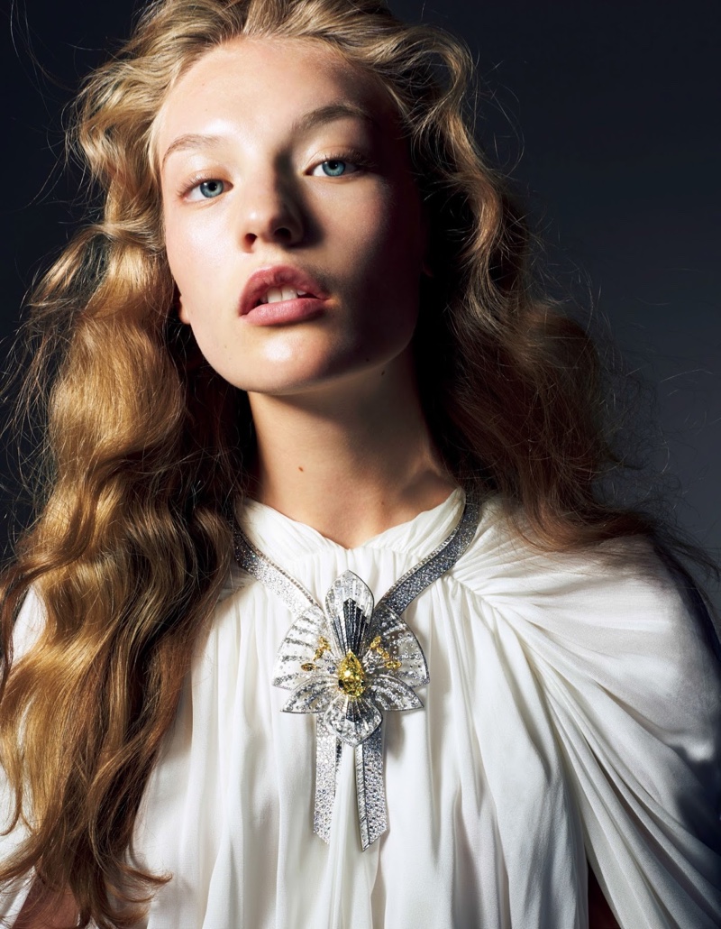 Agnes Akerlund models Boucheron necklace with Vionnet dress