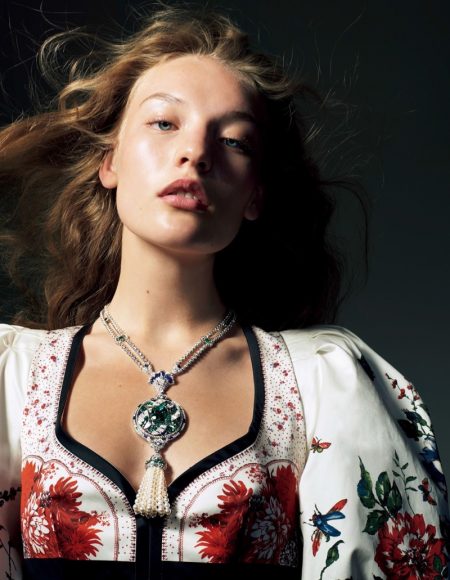 Agnes Akerlund Shines in Precious Gems for Vogue Japan Model Agnes Akerlund poses with Van Clef & Arpels necklace and Alexander McQueen dress