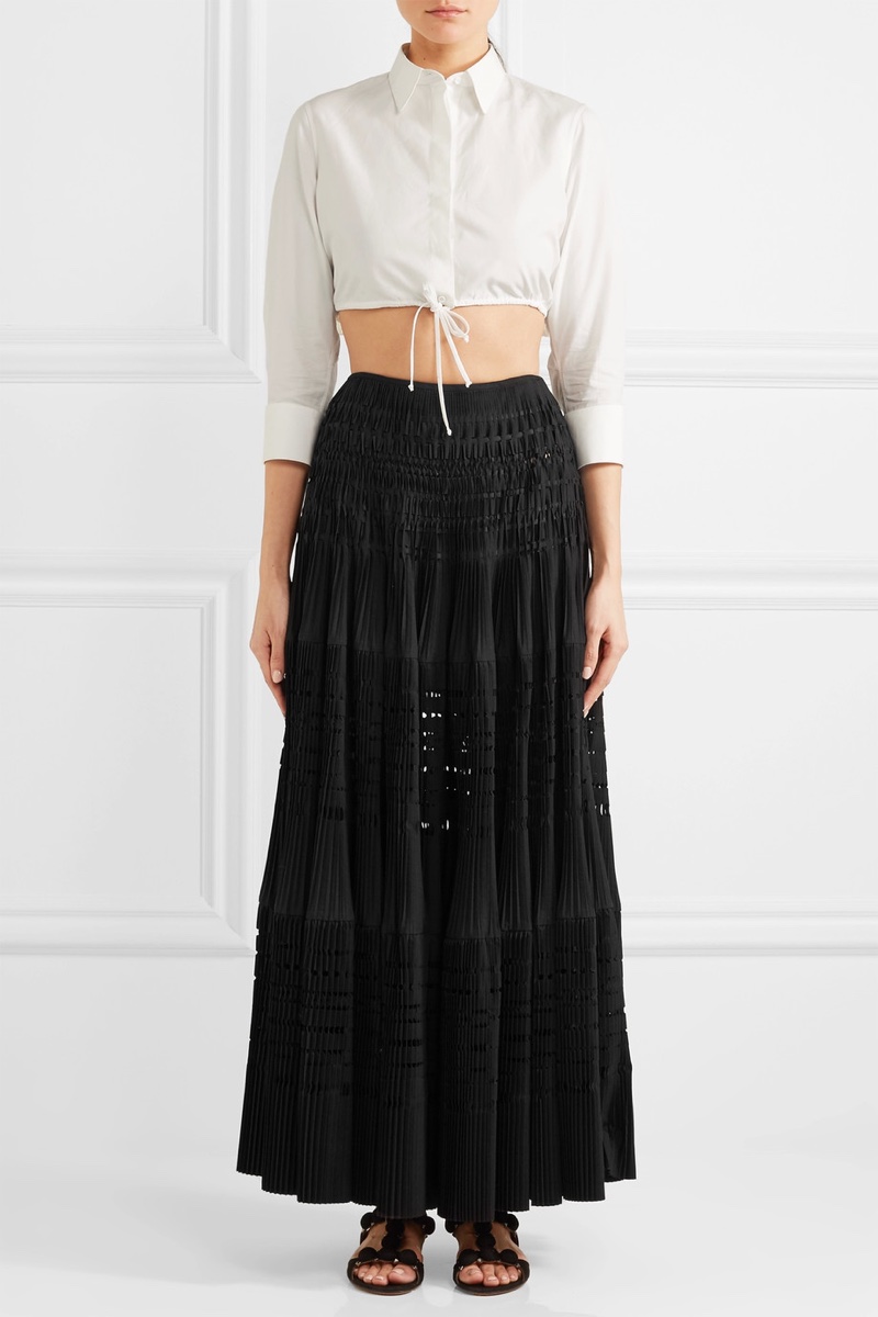 Alaïa Laser Cut Pleated Cotton Blend Maxi Skirt