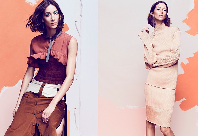 (Left) Alana Zimmer wears Kahle Studio top and skirt (Right) Model poses in Jil Sander top and skirt