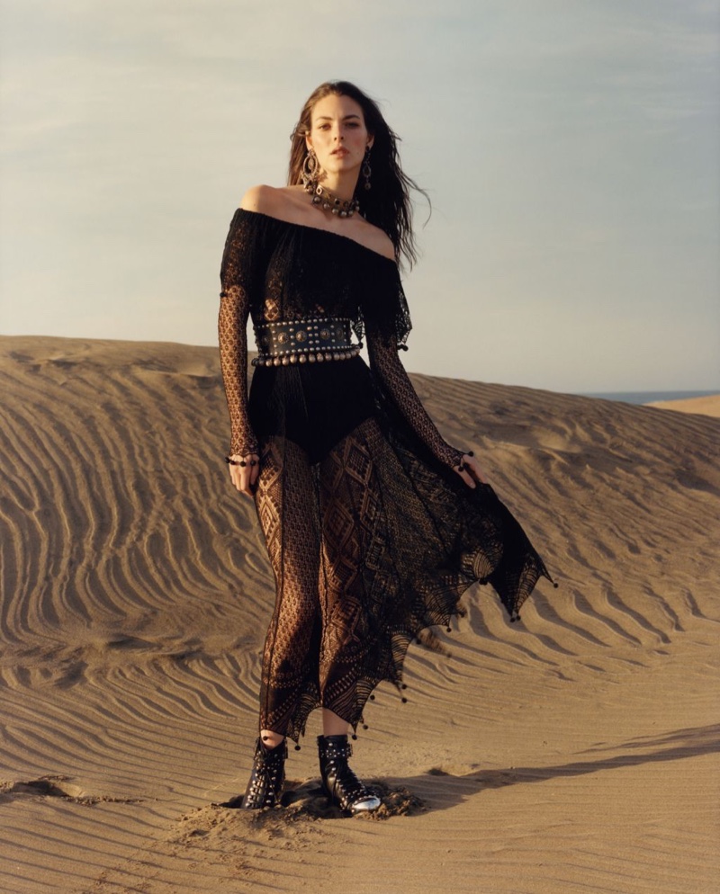 Vittoria Ceretti wears black dress and boots in Alexander McQueen’s spring 2017 campaign