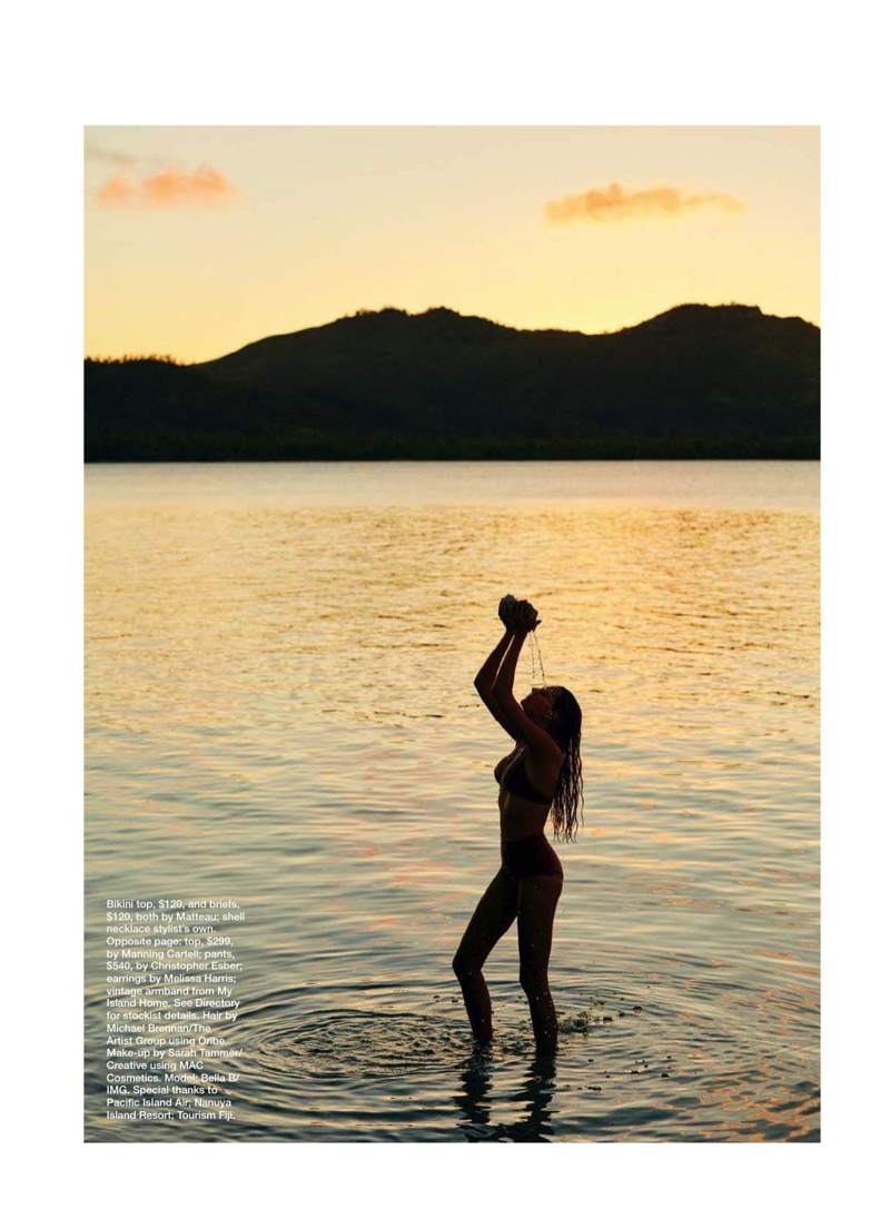 Posing in the ocean, Bella Brown models Matteau bikini top and briefs