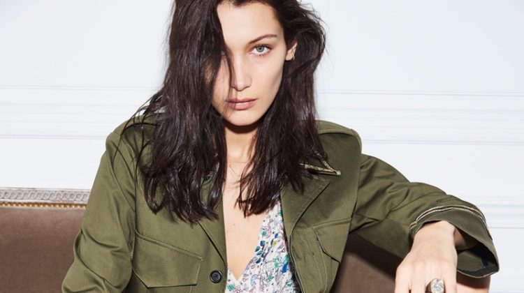 Model Bella Hadid sports military jacket and floral print dress in Zadig & Voltaire's spring 2017 campaign