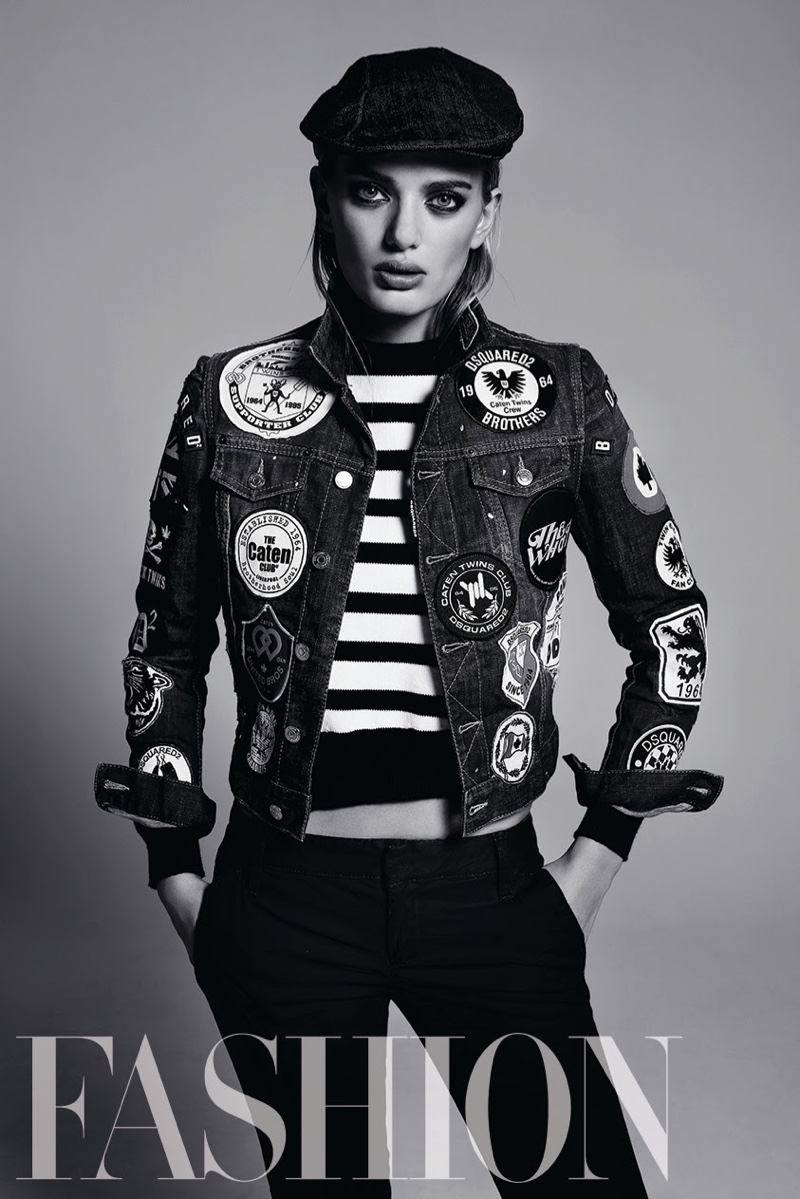 Getting casual, Bregje Heinen models DSquared2 embellished jacket, striped sweater and pants