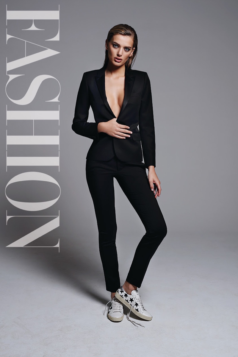 Suiting up, Bregje Heinen wears Saint Laurent jacket and shoes with DSquared2 pants