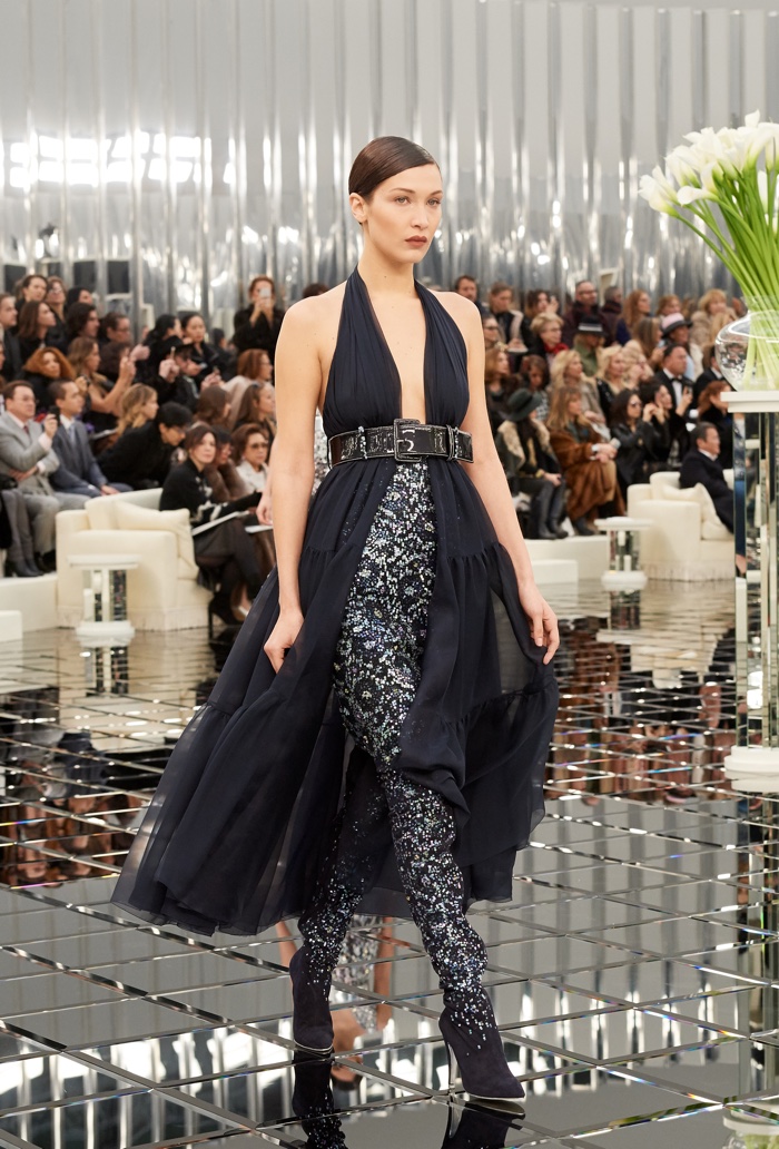 Bella Hadid wears dress with embellished skirt from Chanel’s spring 2017 haute couture collection
