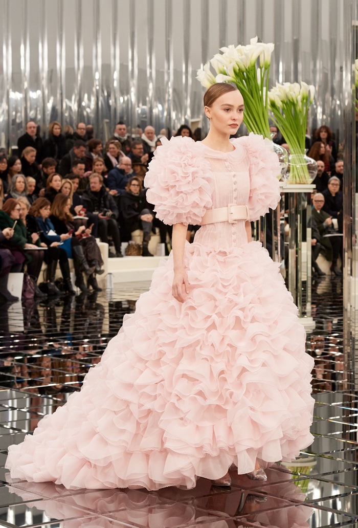 Lily-Rose Depp wears pink pastel organza gown from Chanel's spring 2017 haute couture collection