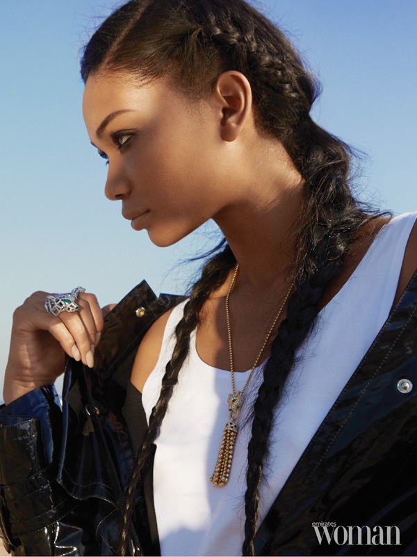 Model Chanel Iman wears braided pigtails