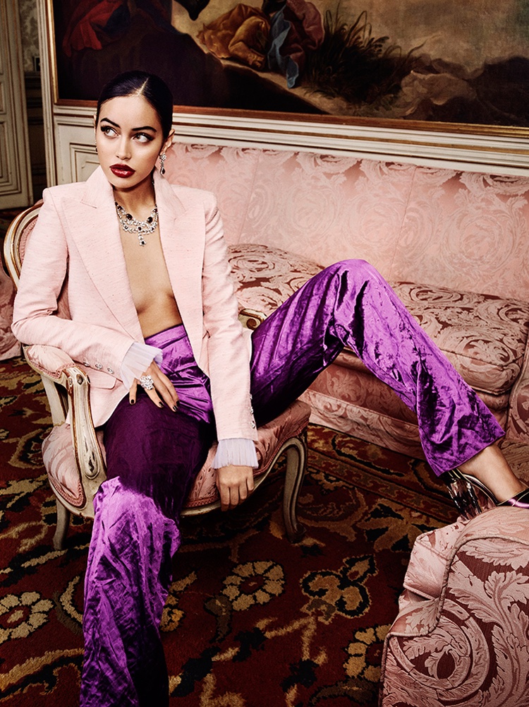 Model Cindy Kimberly poses in Chanel blazer, Emilio Pucci pants and Elie Saab sandals