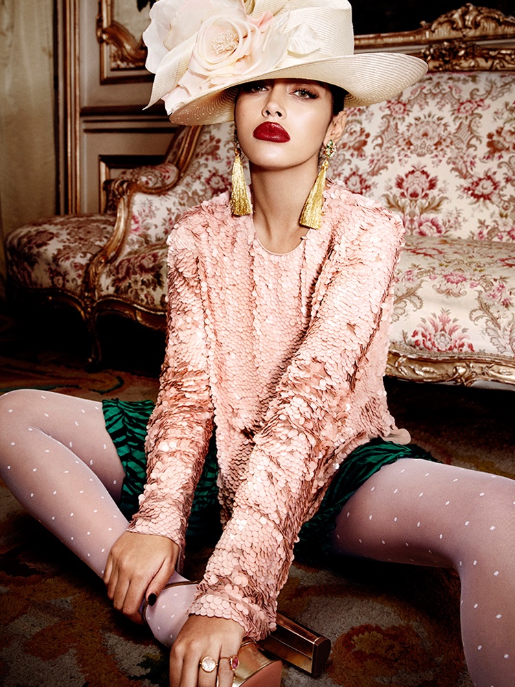 Cindy Kimberly models Emilio Pucci top, Emmanuel Ungaro skirt and Philip Treacy hat