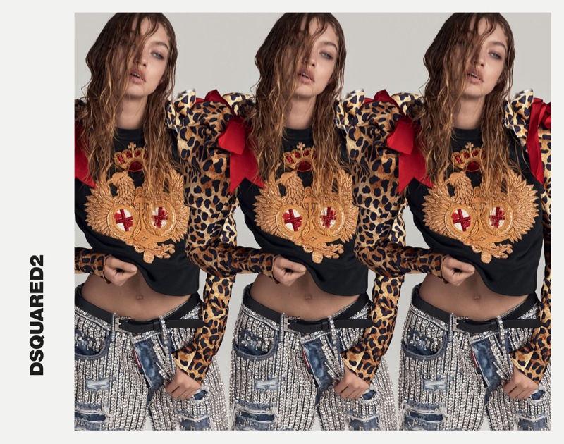 Gigi Hadid sports embroidered top and jeans in DSquared2's spring 2017 campaign