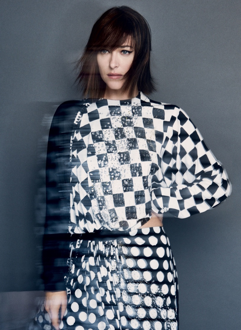 Wearing bold prints, Dakota Johnson dons Louis Vuitton dress