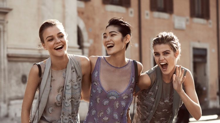 Roos Abels, Chiharu Okunugi and Luna Bijl are all smiles in embellished looks for Emporio Armani’s spring 2017 campaign