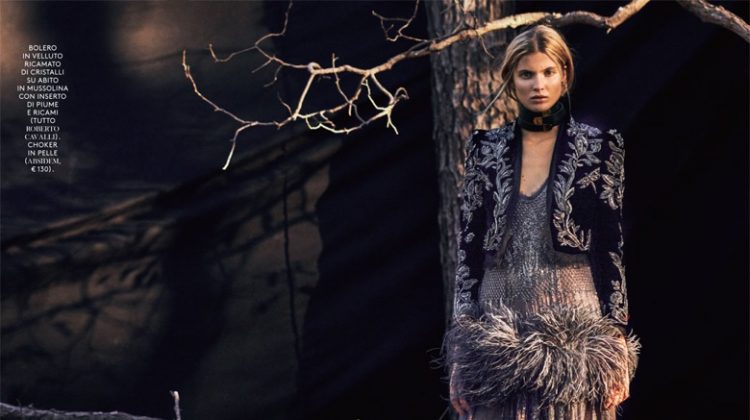 Estee Rammant models velvet embroidered jacket and embellished dress from Roberto Cavalli