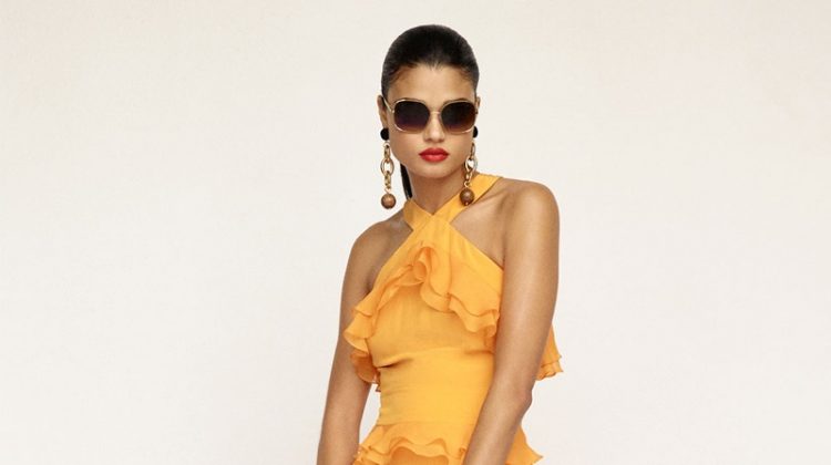 Prabal Gurung Crepe de Chine Tiered Ruffle Gown, Chloe Square Nerine Sunglasses, Eugenia Kim Mirabel Hat, Marni Metal Earrings and Isabel Marant Etoile Leather Jusip Malick Sandals