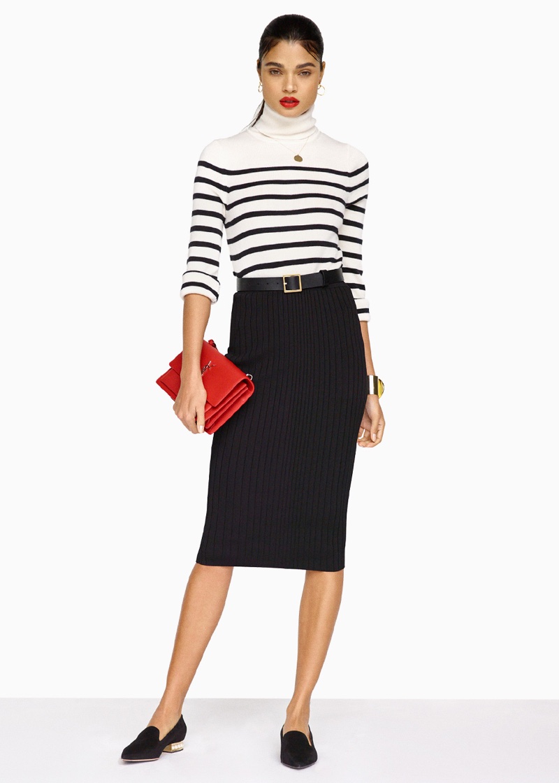 Equipment Wilder Sweater, Cushnie et Ochs Crisscross Waistband Pencil Skirt, Nicholas Kirkwood Suede Casati Pearl Loafers, Saint Laurent Sunset Medium Monogramme Chain Bag, Frame Denim Classic Square Belt and Givenchy Geometric Round Bracelet