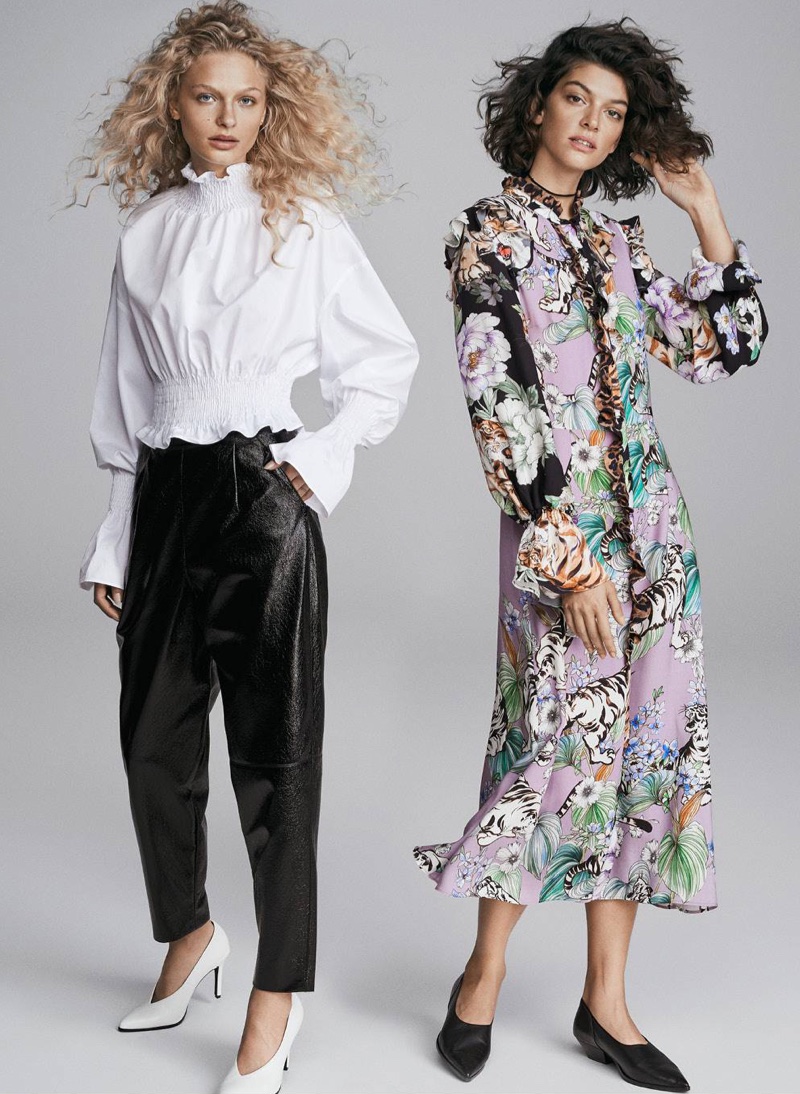 (Left) H&M Knit Smocked Pima Cotton Blouse, Patent Pants and White Pumps (Right) H&M Patterned Blouse and Black Pumps