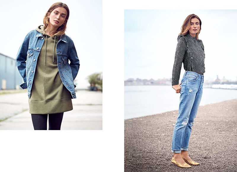 (Left) H&M Denim Jacket, Hooded Jacket and Slim-Fit Treggings (Right) H&M Ruffled Blouse, Relaxed High Jeans and Soft Ballet Flats