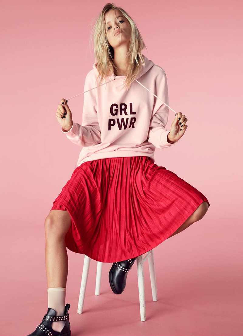 H&M Printed Hooded Sweatshirt, Pleated Skirt and Cut-Out Ankle Boots