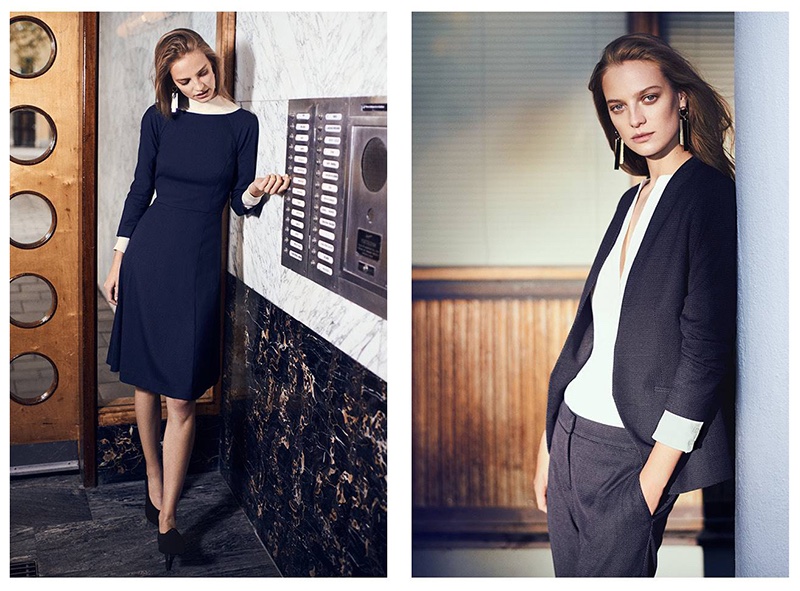 (Left) H&M Knee-Length Dress, Fine-Knit Turtleneck Sweater, Long Earrings and Pumps (Right) H&M Fitted Jacket, Silk Tunic, Suit Pants and Long Earrings