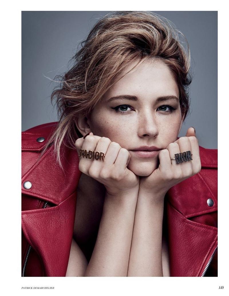 Actress Haley Bennett wears red Dior leather jacket and jewelry