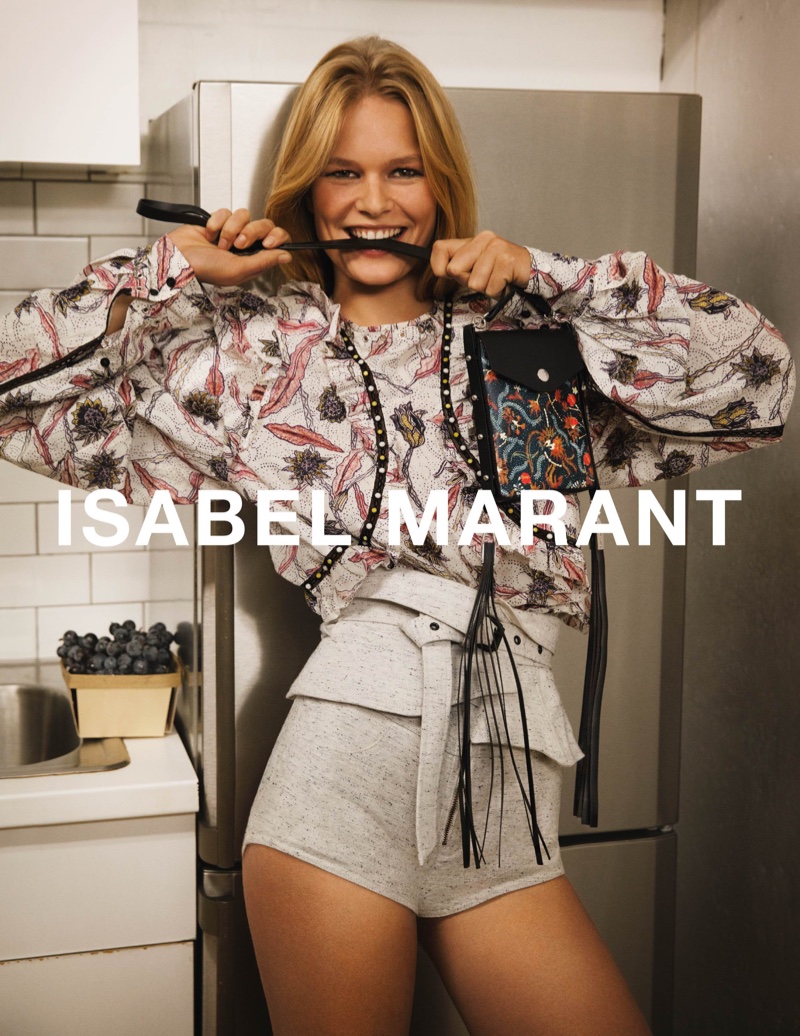 Anna Ewers models printed blouse and shorts for Isabel Marant’s spring 2017 campaign