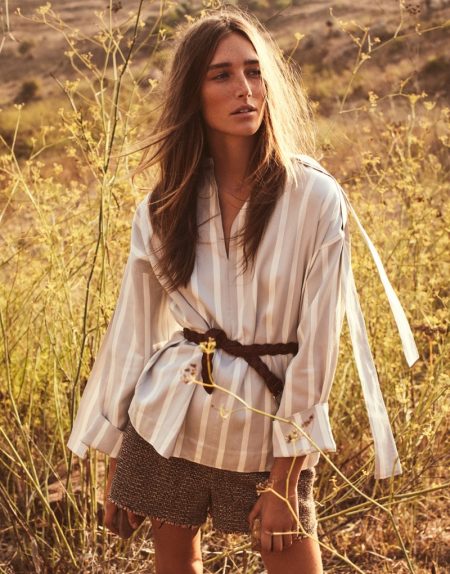 Josephine le Tutour Looks Nomadic Chic in The Edit Josephine le Tutour poses in Joseph top and Chloe shorts