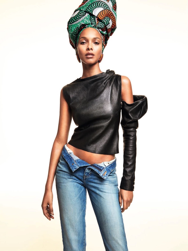Lais Ribeiro poses in Saint Laurent one-sleeve leather top and jeans