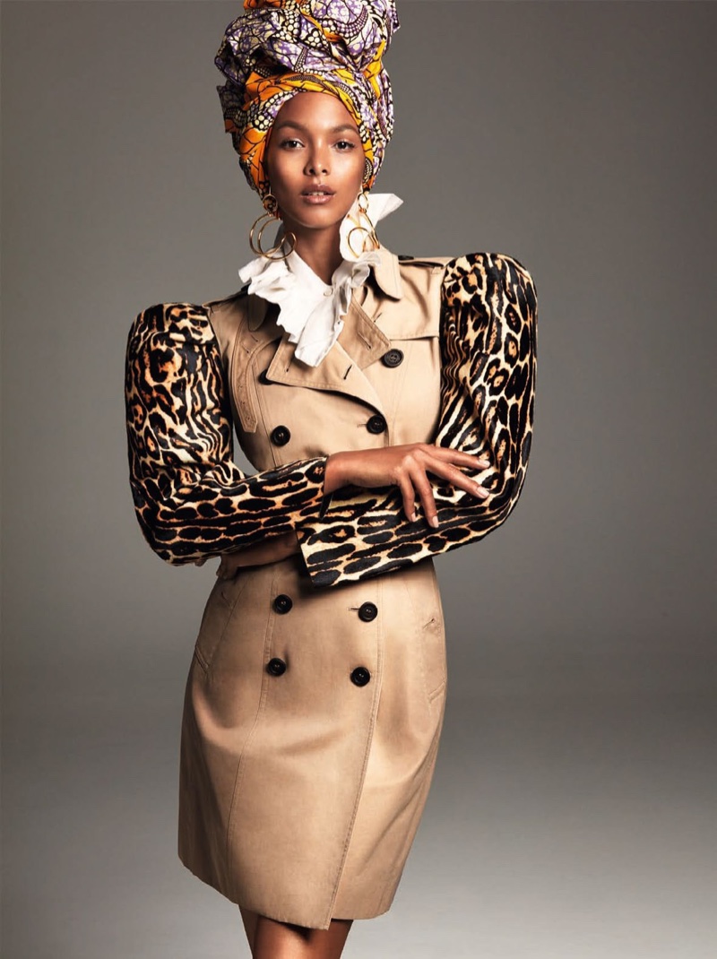 Lais Ribeiro poses in Burberry coat with animal print sleeves
