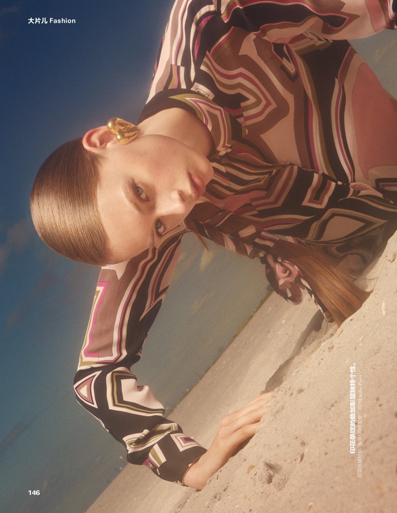 Getting her closeup, Lauren de Graaf wears Emilio Pucci prints