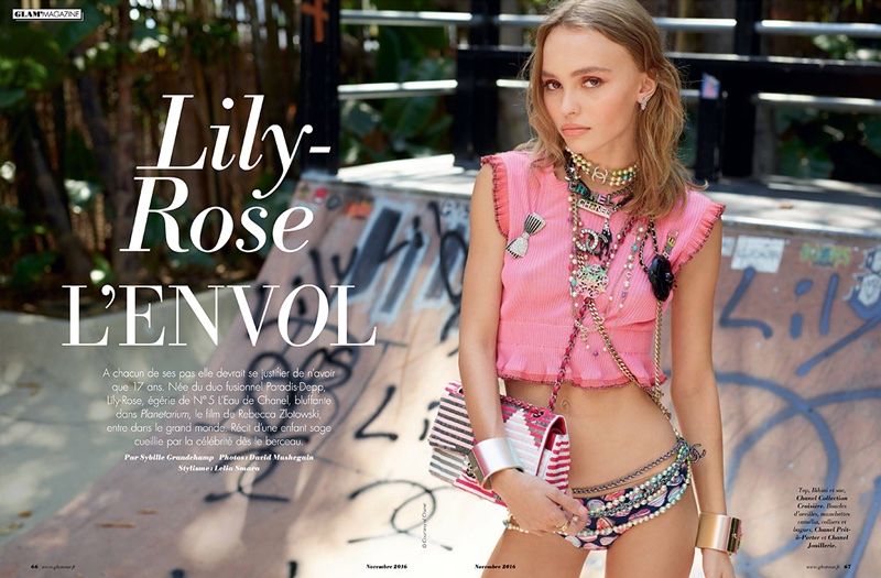Actress Lily-Rose Depp wears Chanel top, bikini, bag and jewelry