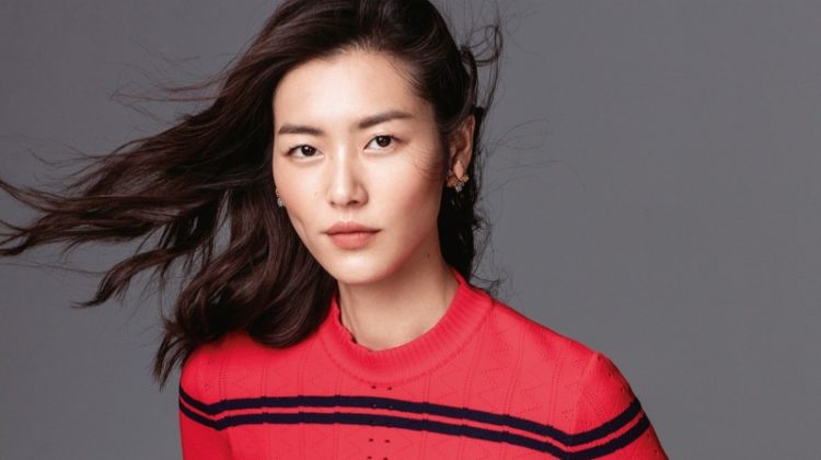 Liu Wen poses in Fendi cropped sweater and striped pants