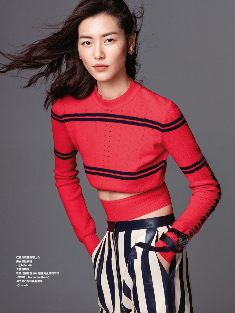 Liu Wen wears Fendi cropped sweater and striped pants