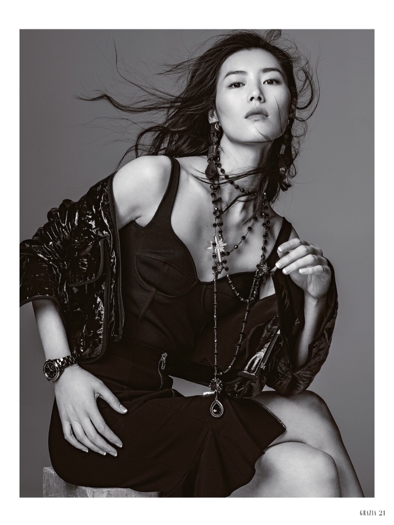 Model Liu Wen gets windswept in this black and white image
