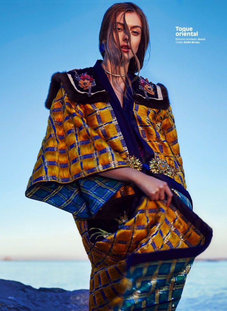 Lone Praesto poses in Gucci embroidered kimono and Eddie Borgo choker necklace