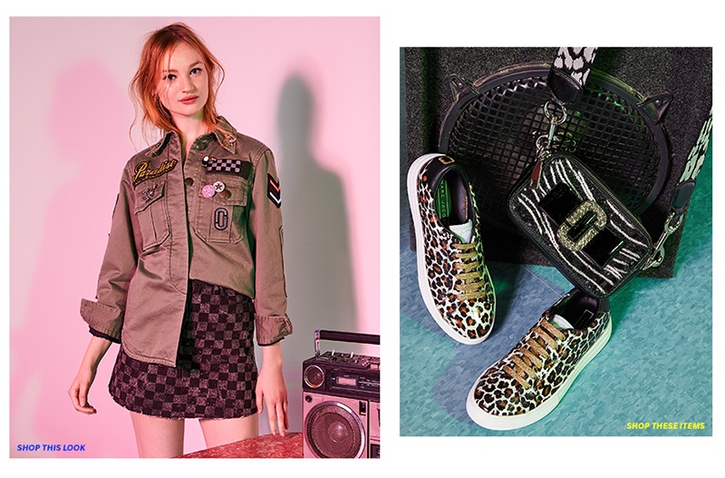 (Left) Marc Jacobs Padded Military Shirt and Strass Soda Lid Stud Earrings (Right) Marc Jacobs Empire Lace Up Sneakers, Zebra Bow Snapshot Bag and Webbed Leopard Handbag Guitar Strap