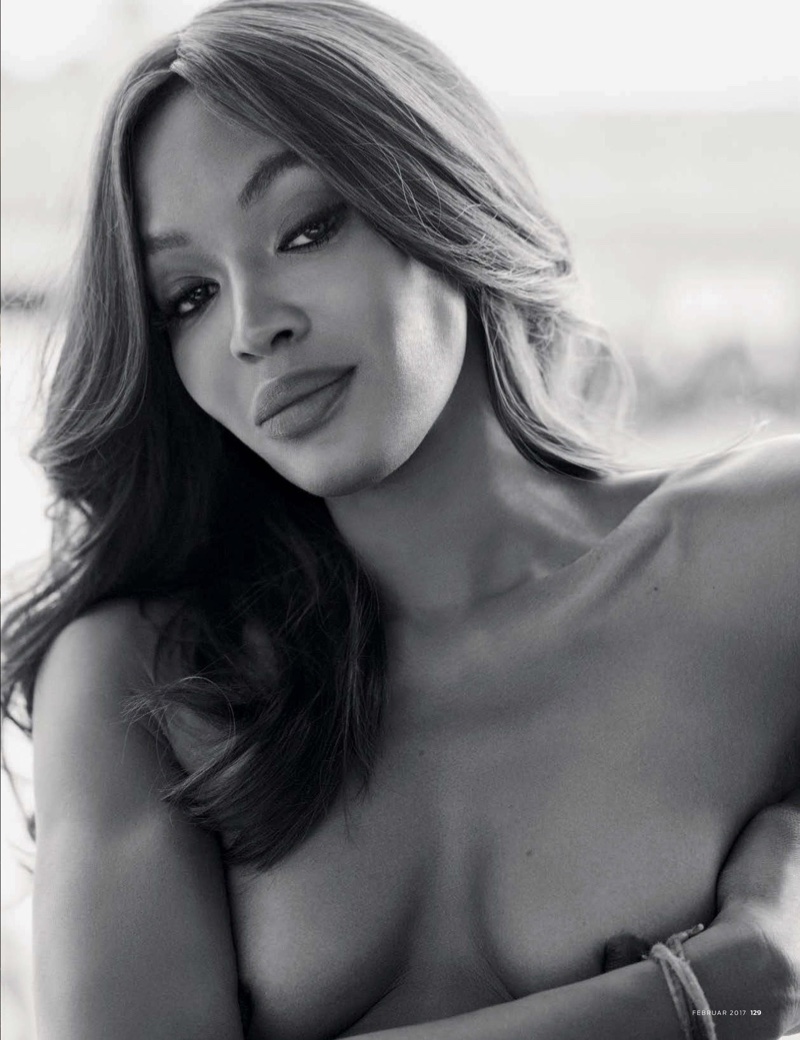 Photographed in black and white, Naomi Campbell bares almost all