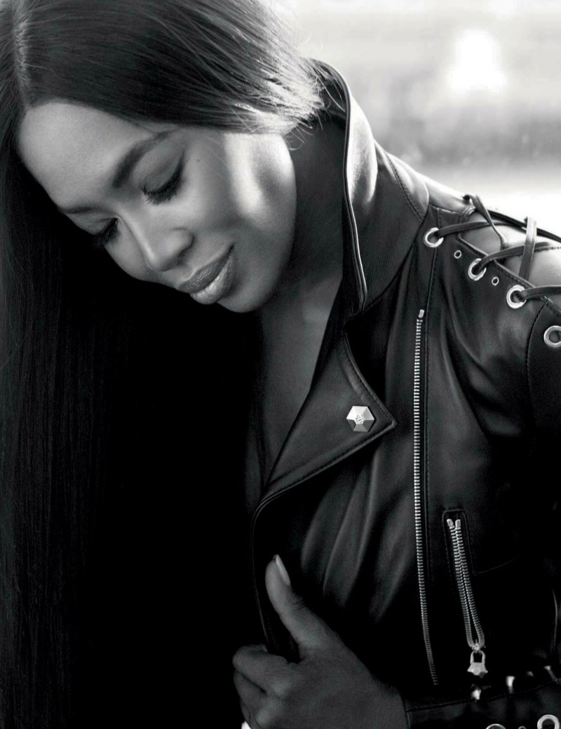 Looking cool, Naomi Campbell wears a leather jacket