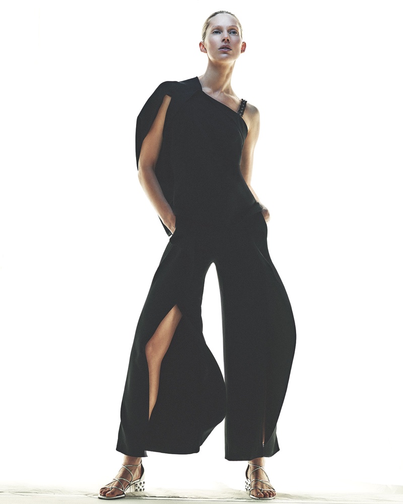 Roland Mouret Studded One-Shoulder Asymmetric Top and Crossover High-Waist Ruffled Pants