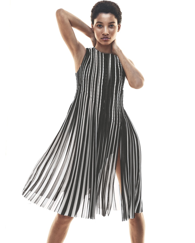 Akris Striped Pleated-Skirt Sleeveless Dress