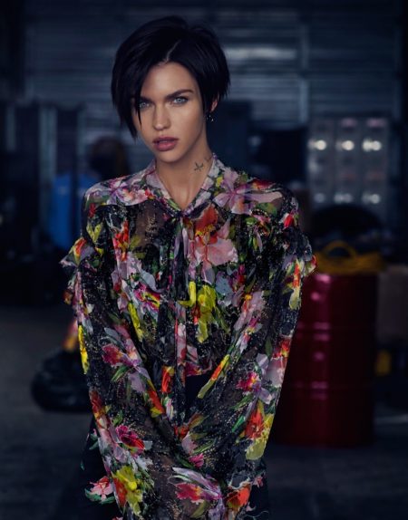 Ruby Rose Poses in Grunge Florals for The Edit Ruby Rose poses in Preen by Thornton Bregazzi floral print blouse and skirt